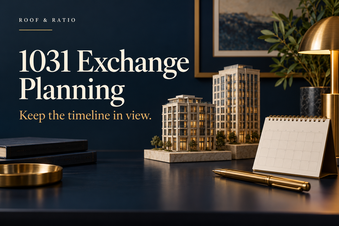 1031 Exchange Planning: two model investment buildings, an understated blank calendar and brass pen.