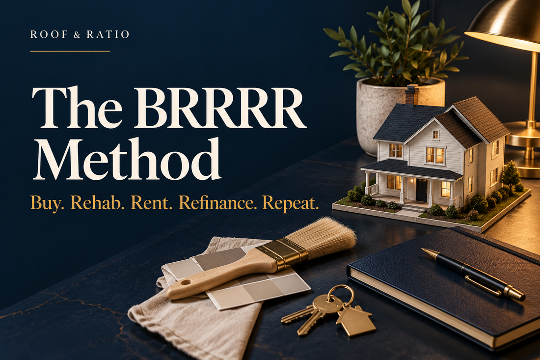 The BRRRR Method: a small renovation house model, paint brush, keys and investment notebook.