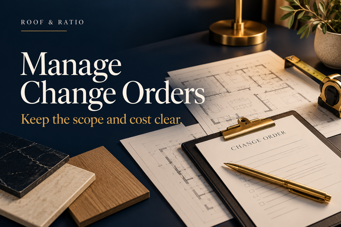 Manage Change Orders: renovation floor plans, a change-order clipboard, brass pen and measuring tape.