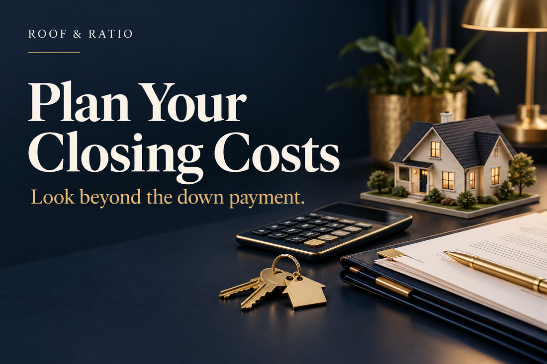 Plan Your Closing Costs: a model starter house, keys, calculator and a tidy folder of home purchase papers.