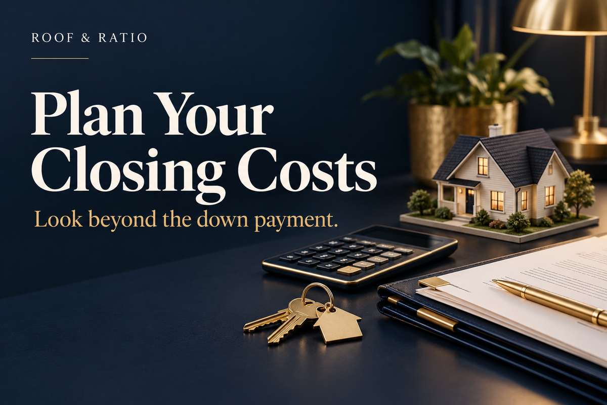 Plan Your Closing Costs: a model starter house, keys, calculator and a tidy folder of home purchase papers.