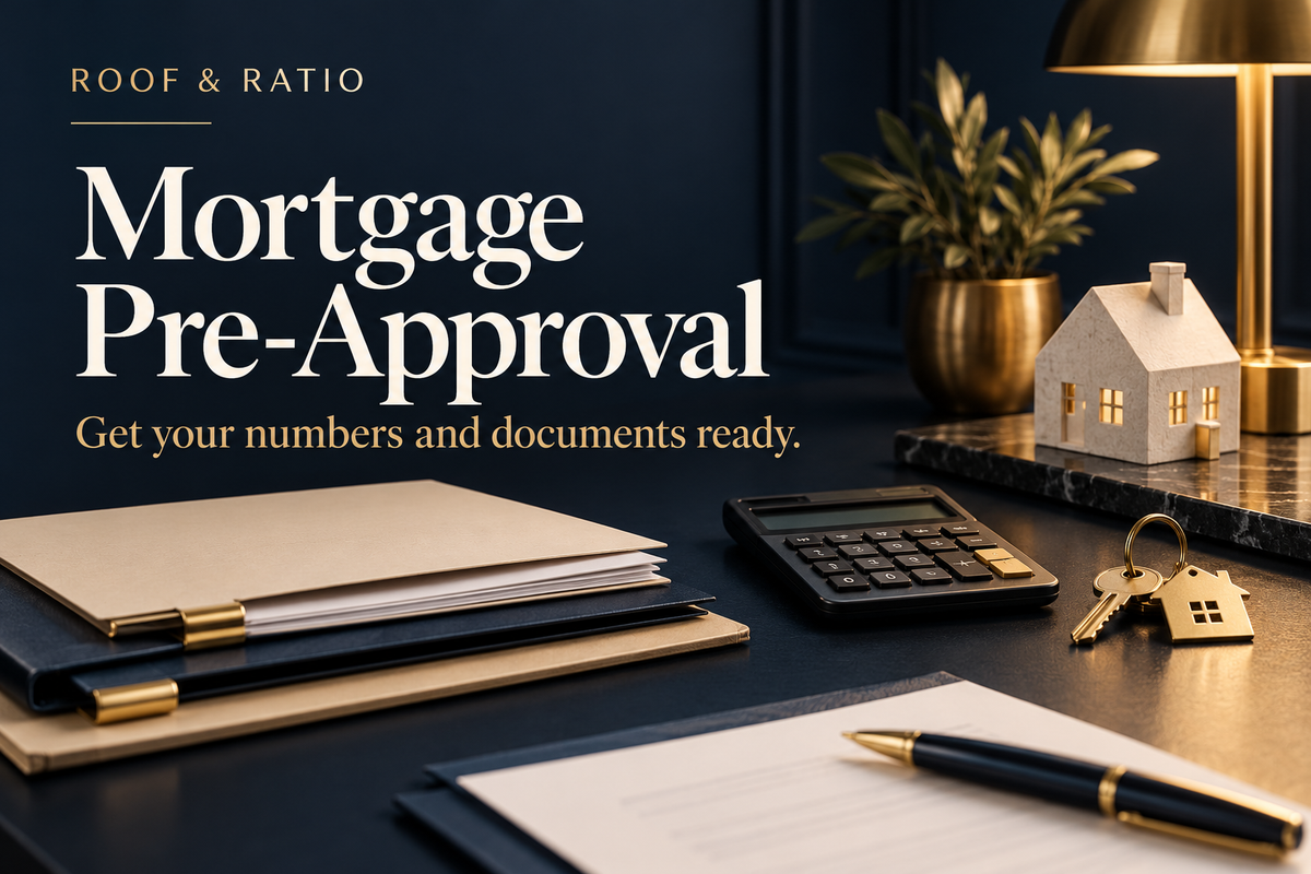 Mortgage Pre-Approval: organized document folders, calculator, keys and a small home model.