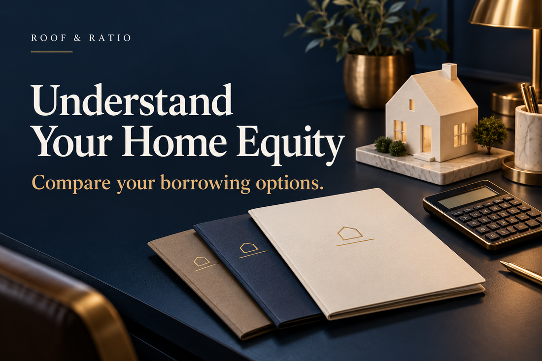 Understand Your Home Equity: an ivory house model, calculator and three arranged planning folders.