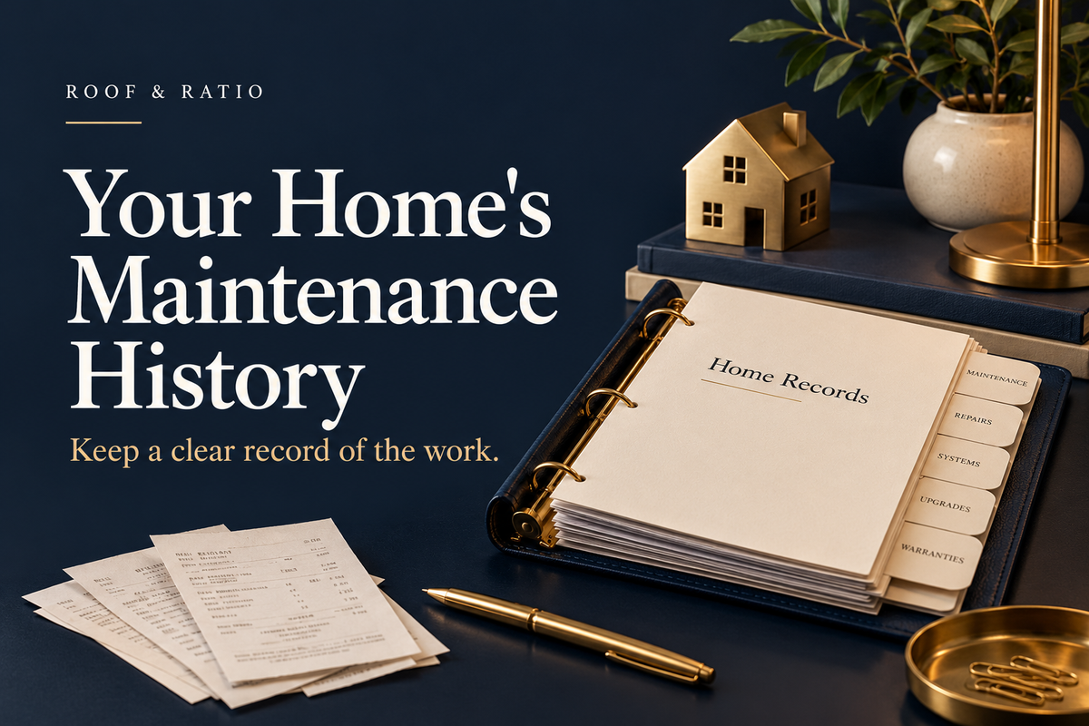 Your Home's Maintenance History: a neatly tabbed home records binder, service receipts, brass pen and model house.