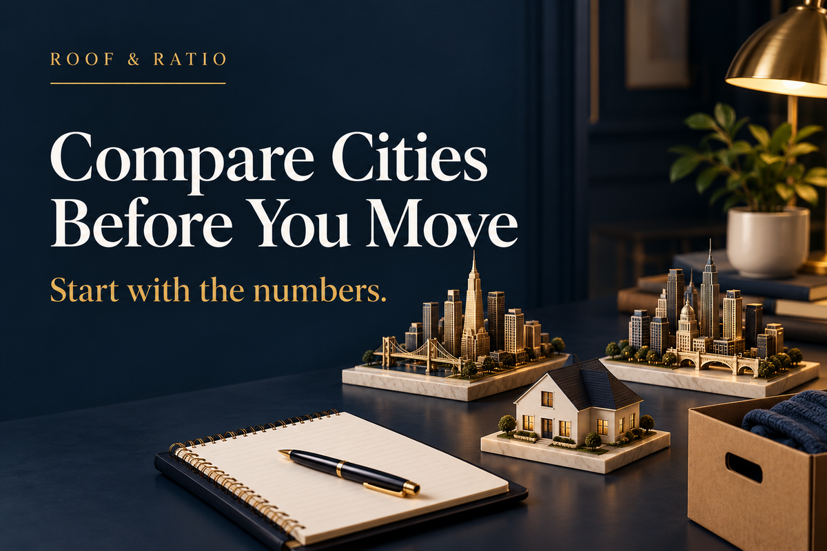 Compare Cities Before You Move: two different miniature city skylines, house model, moving box and planning notebook.