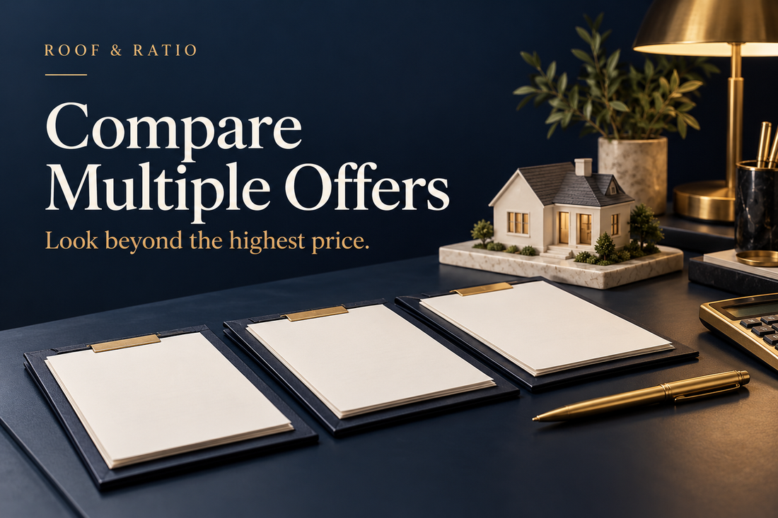 Compare Multiple Offers: three offer folders with blank paper, model house, brass pen and calculator.