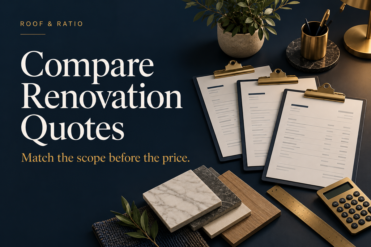 Compare Renovation Quotes: three contractor quote clipboards, material samples, brass ruler and calculator.