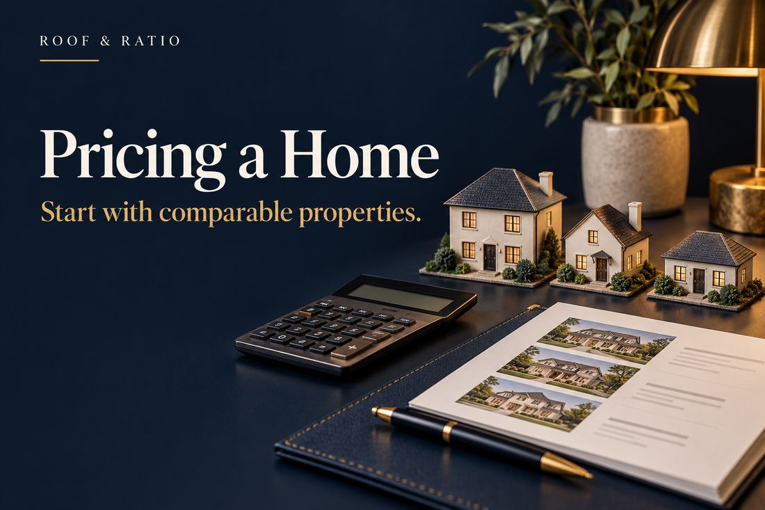 Pricing a Home: three miniature houses of differing sizes, a calculator and tidy market report.