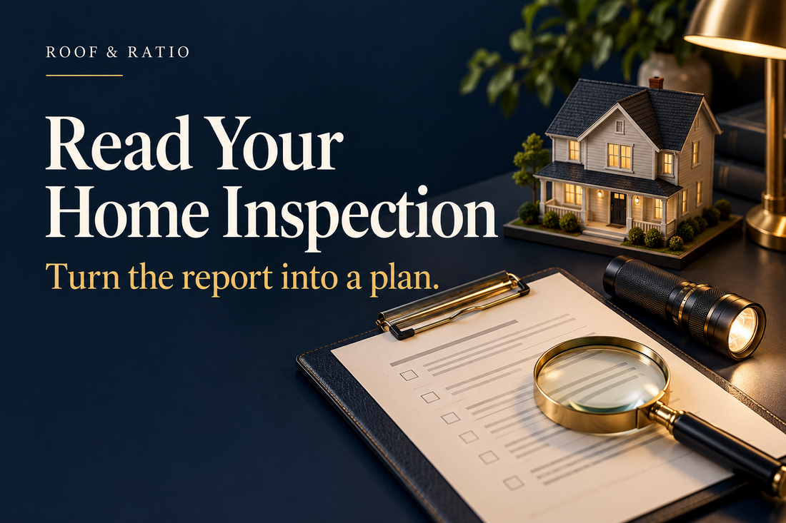 Read Your Home Inspection: a model house, inspection clipboard, flashlight and magnifying glass.