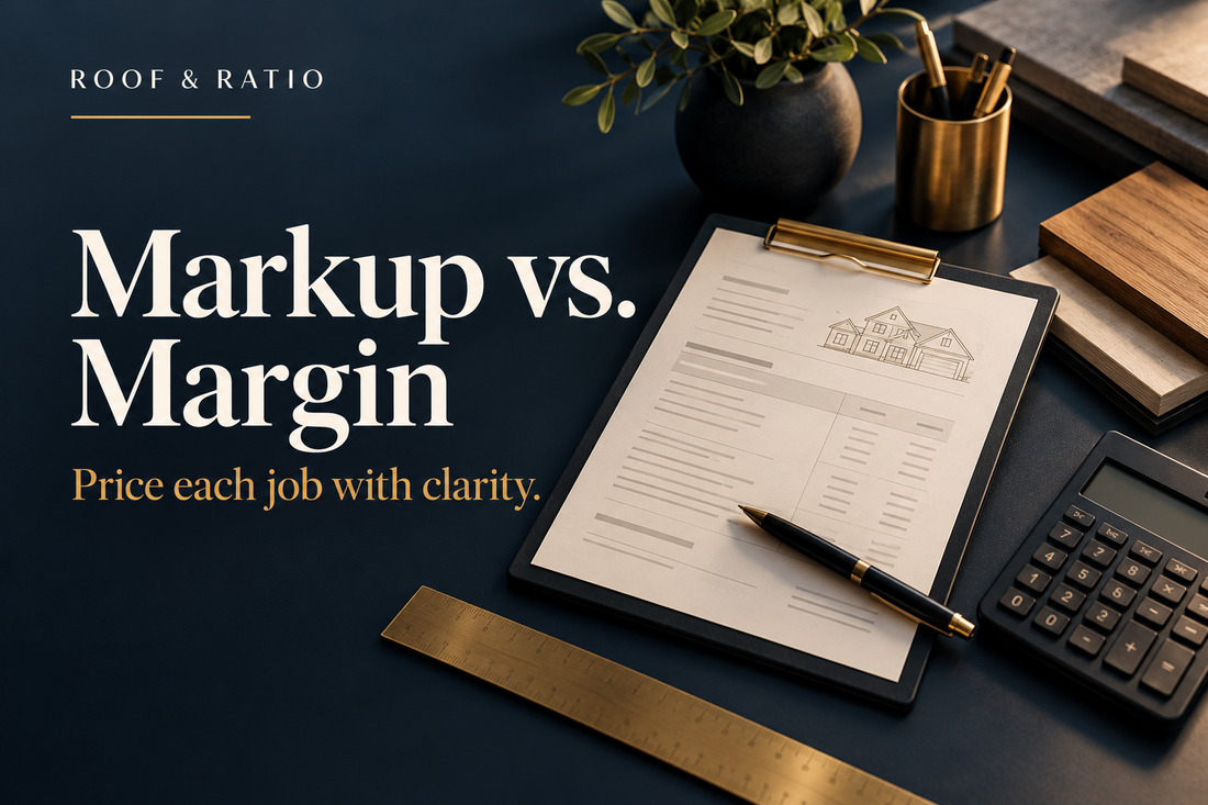 Markup vs. Margin: a contractor's estimate clipboard, brass ruler, calculator and wood sample.