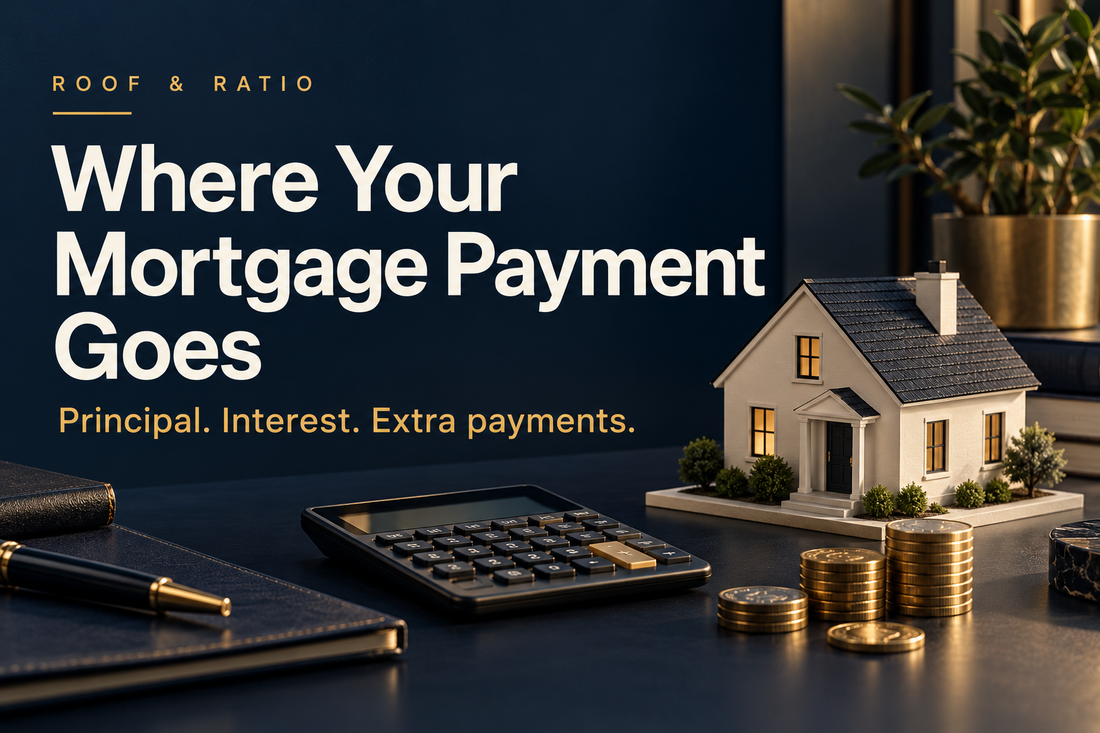 Where Your Mortgage Payment Goes: house model, calculator and coins on a navy desk.