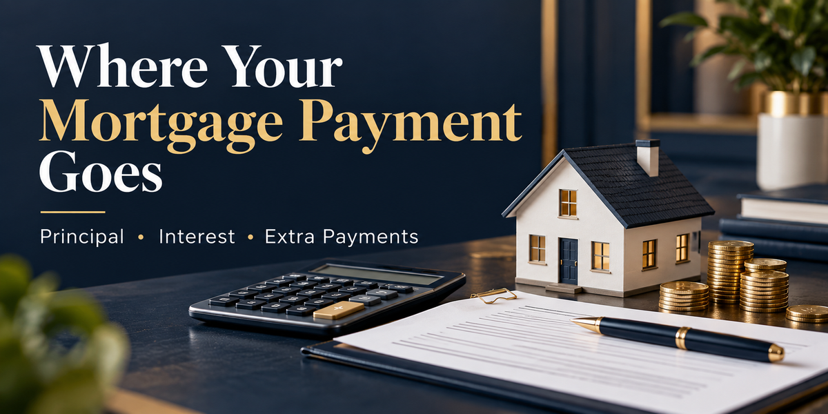 Where Your Mortgage Payment Goes — a model house, calculator and coins illustrating principal, interest and extra payments