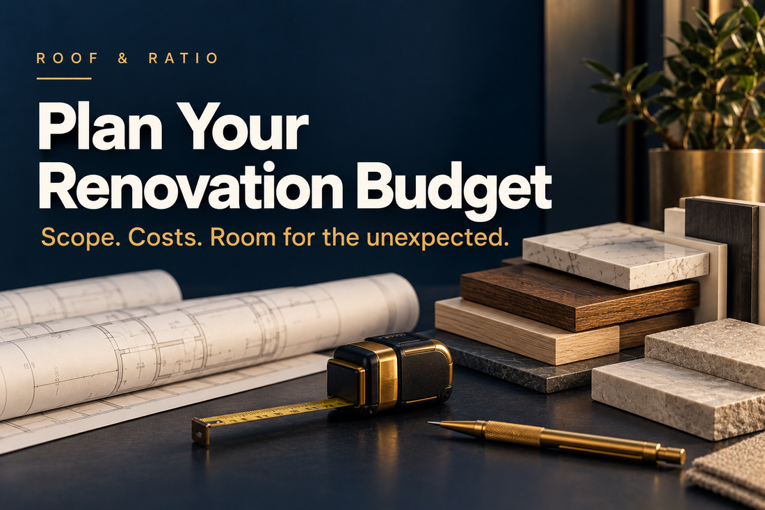 Plan Your Renovation Budget: material samples, plans and a measuring tape.