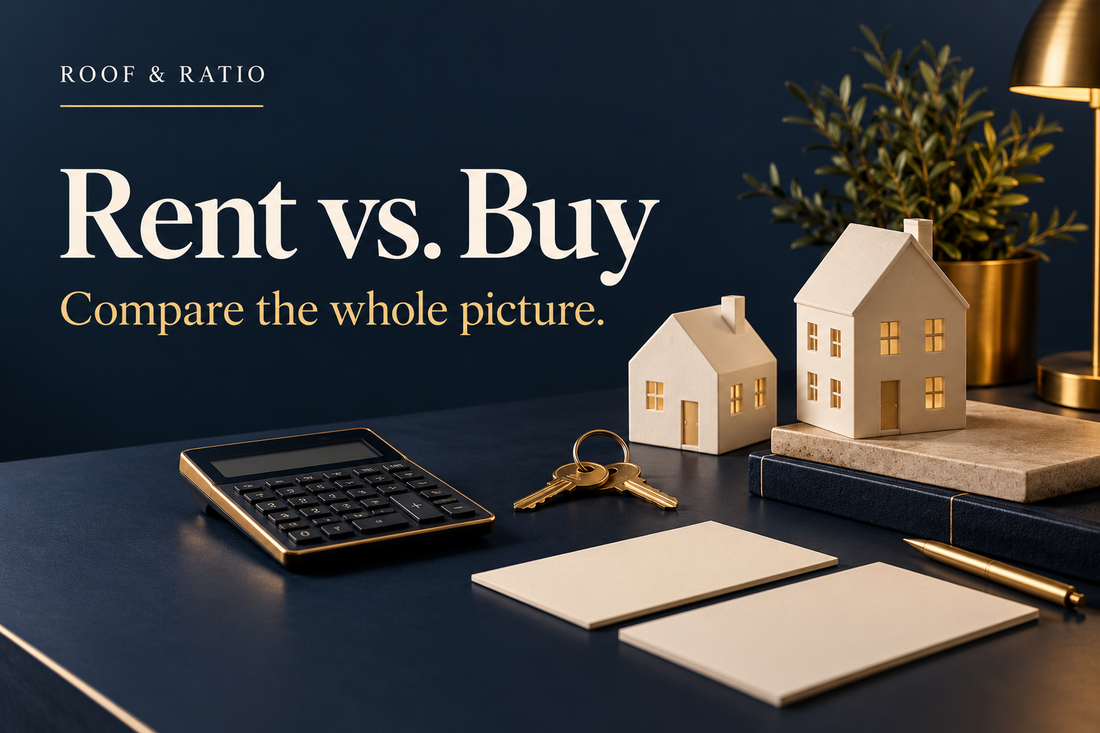 Rent vs. Buy: two ivory house models, keys, a calculator and two neatly arranged blank planning cards.