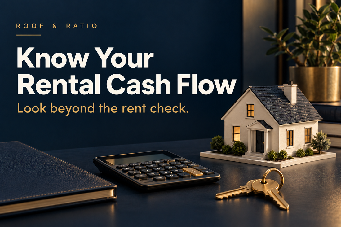 Know Your Rental Cash Flow: a model house, keys, calculator and ledger.