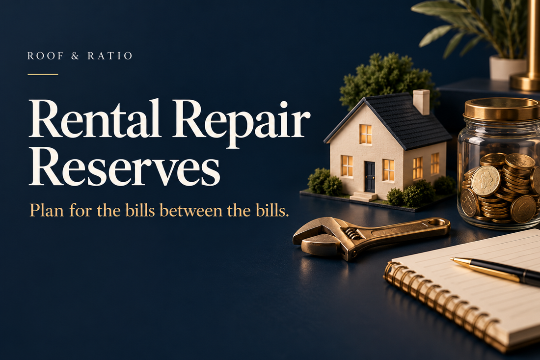 Rental Repair Reserves: house model, repair wrench, savings jar with brass coins and maintenance notebook.
