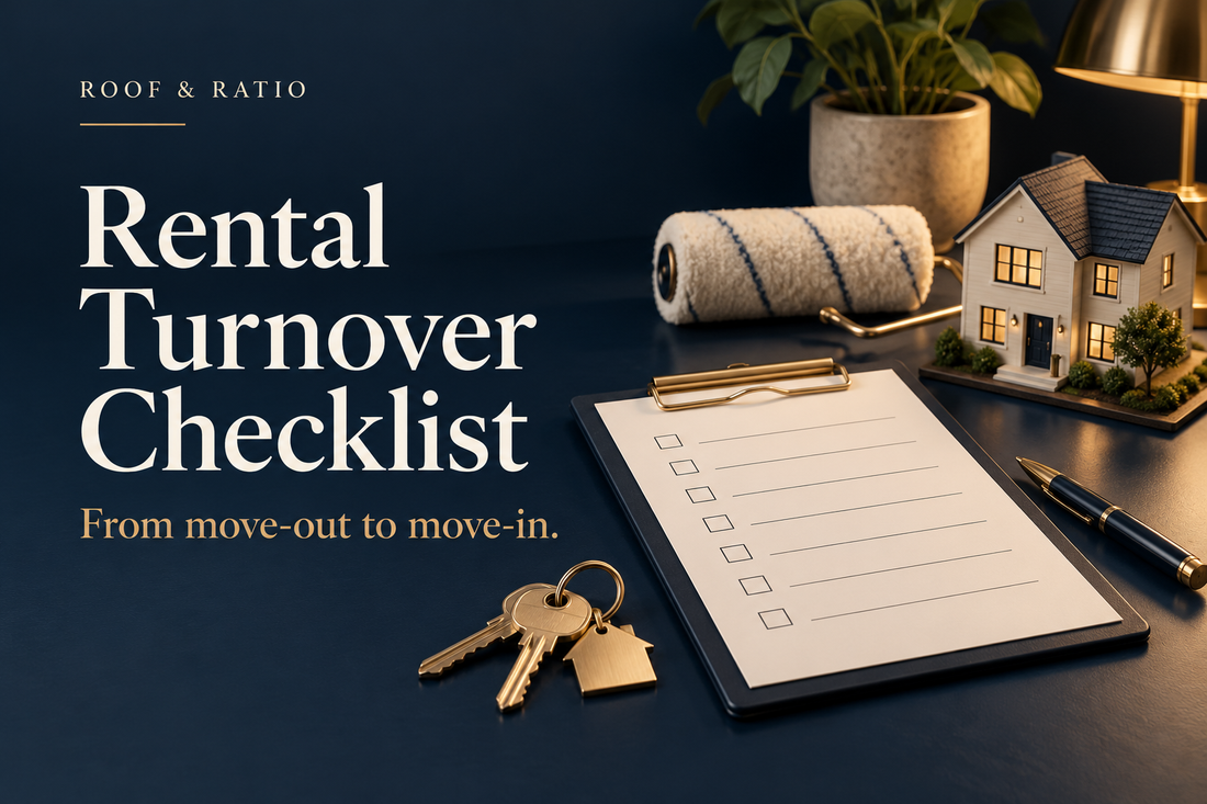 Rental Turnover Checklist: keys, a blank checklist clipboard, paint roller and miniature rental house.