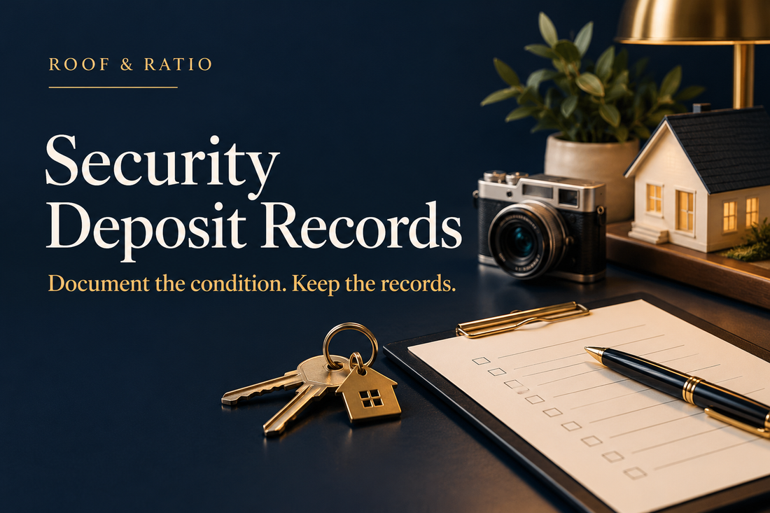 Security Deposit Records: rental keys, move-in checklist, a small camera and a home model.