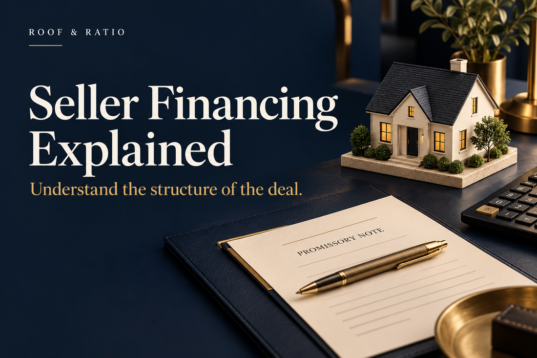Seller Financing Explained: a house model, brass pen, promissory note folder and calculator.