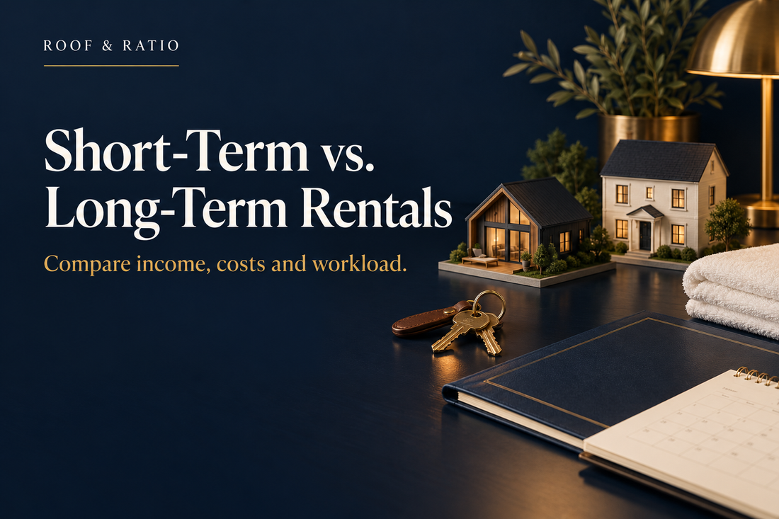 Short-Term vs. Long-Term Rentals: two house models, guest keys, a folded towel, lease folder and small calendar.