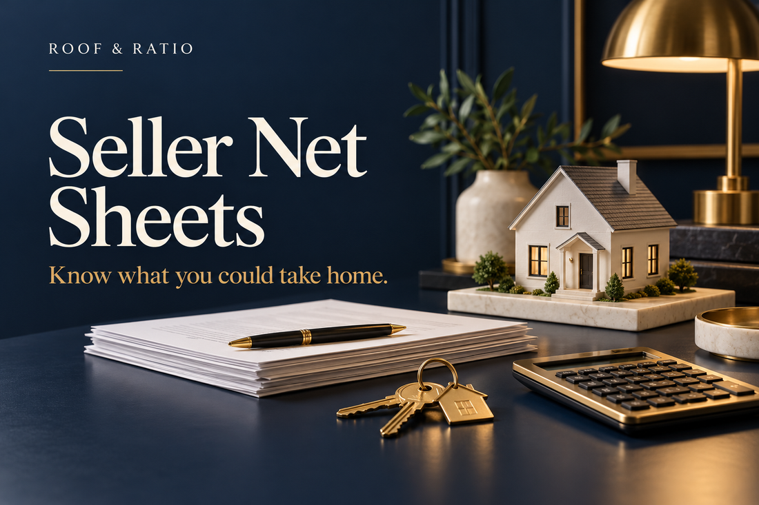 Seller Net Sheets: an ivory model house, brass keys, calculator and neatly stacked closing documents.