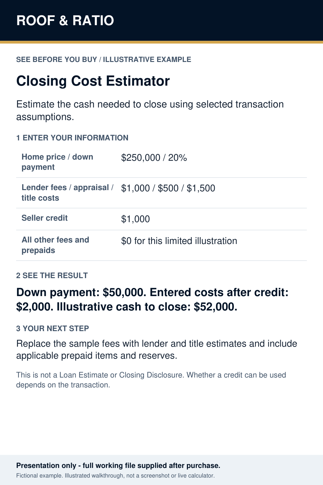 Illustrative example for Closing Cost Estimator; fictional inputs and results.