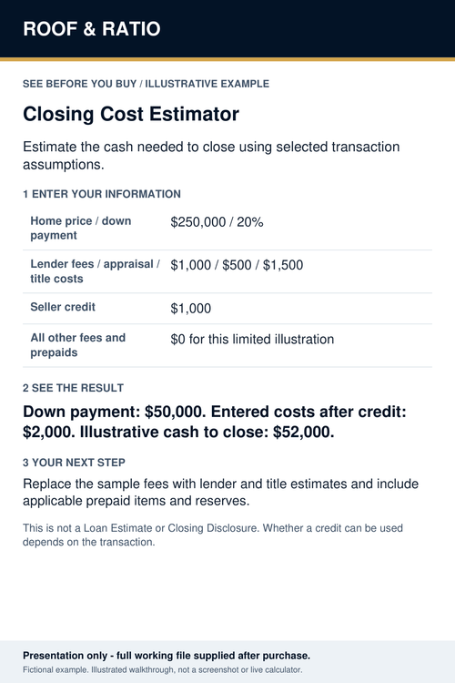 Illustrative example for Closing Cost Estimator; fictional inputs and results.