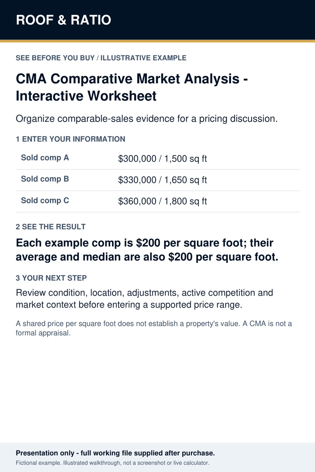 Illustrative example for CMA Comparative Market Analysis — Interactive Worksheet; fictional inputs and results.