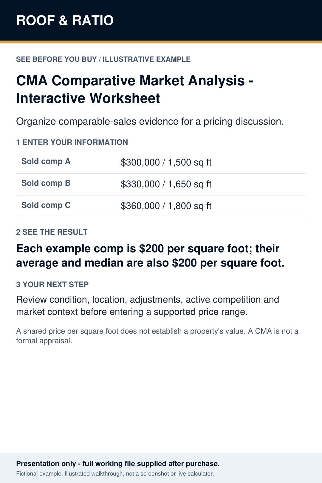 Illustrative example for CMA Comparative Market Analysis — Interactive Worksheet; fictional inputs and results.