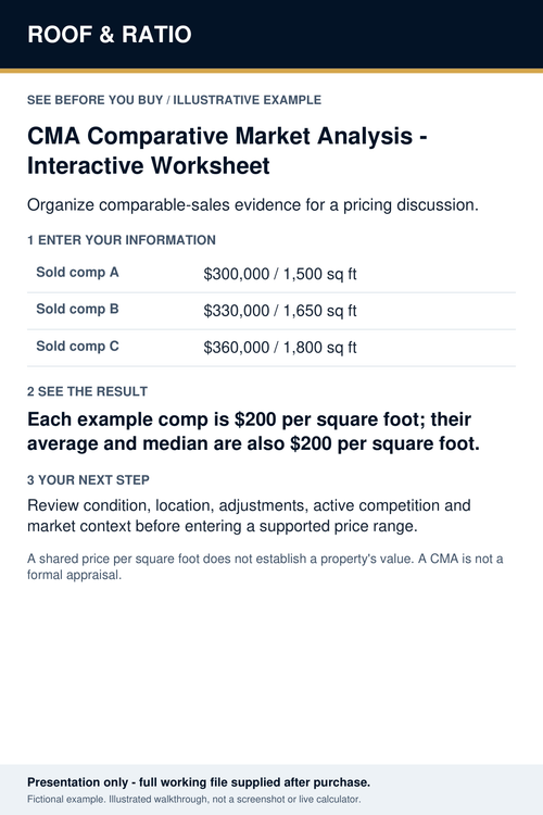 Illustrative example for CMA Comparative Market Analysis — Interactive Worksheet; fictional inputs and results.