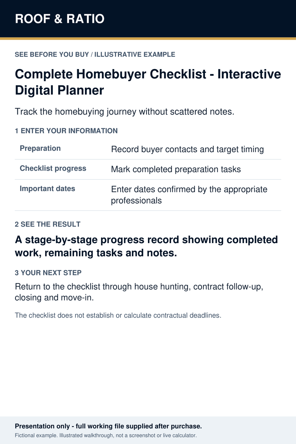 Illustrative example for Complete Homebuyer Checklist — Interactive Digital Planner; fictional inputs and results.