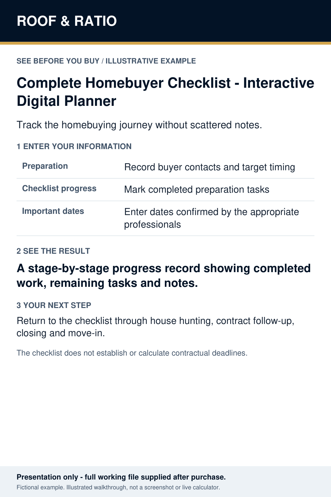 Illustrative example for Complete Homebuyer Checklist — Interactive Digital Planner; fictional inputs and results.