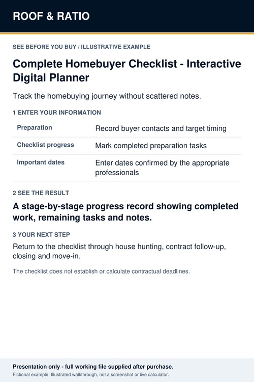 Illustrative example for Complete Homebuyer Checklist — Interactive Digital Planner; fictional inputs and results.