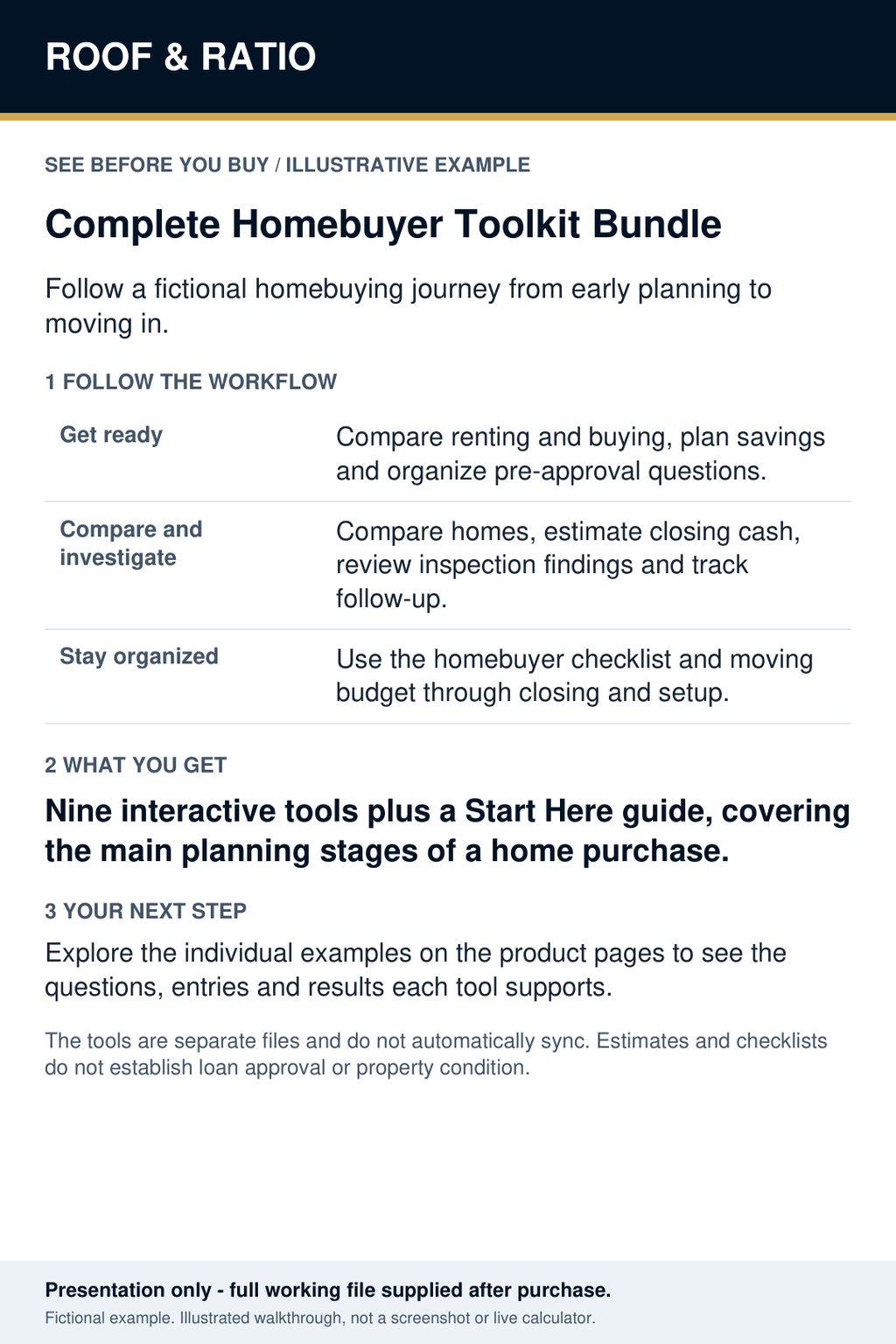 Illustrative example for Complete Homebuyer Toolkit Bundle — 9 Interactive Digital Tools; fictional inputs and results.