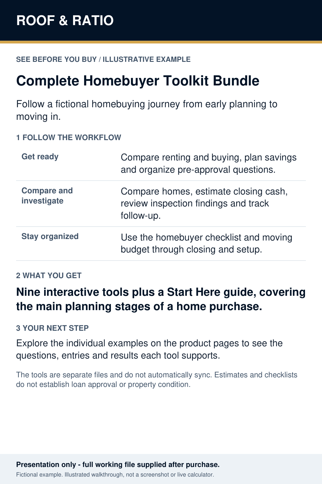 Illustrative example for Complete Homebuyer Toolkit Bundle — 9 Interactive Digital Tools; fictional inputs and results.