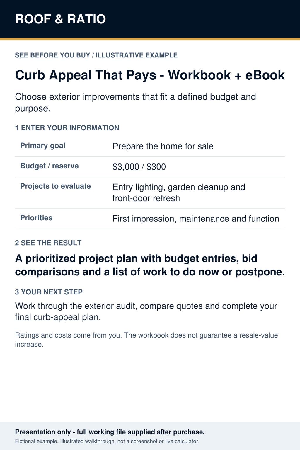 Illustrative example for Curb Appeal That Pays™ — Workbook + eBook; fictional inputs and results.