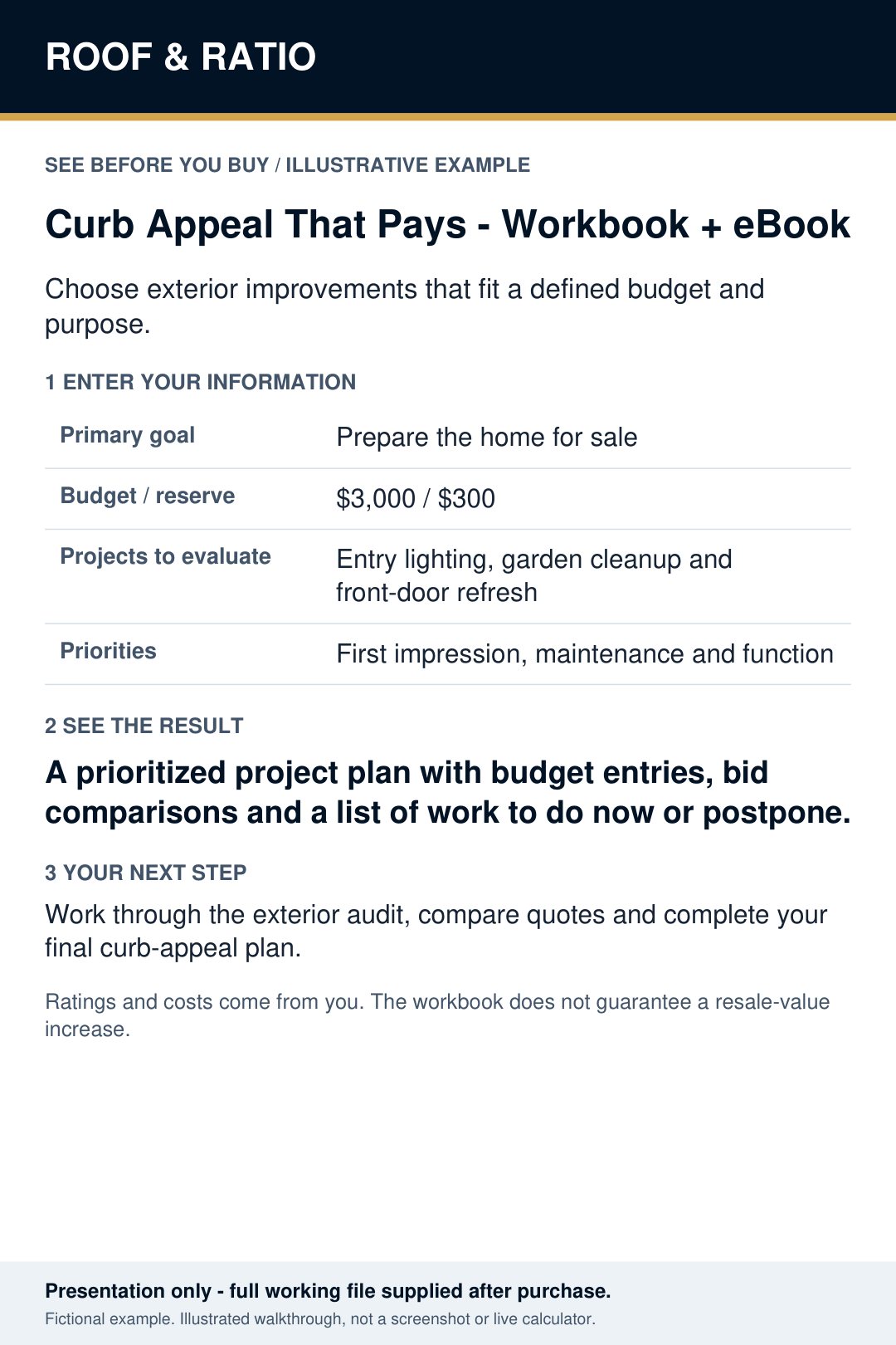 Illustrative example for Curb Appeal That Pays™ — Workbook + eBook; fictional inputs and results.