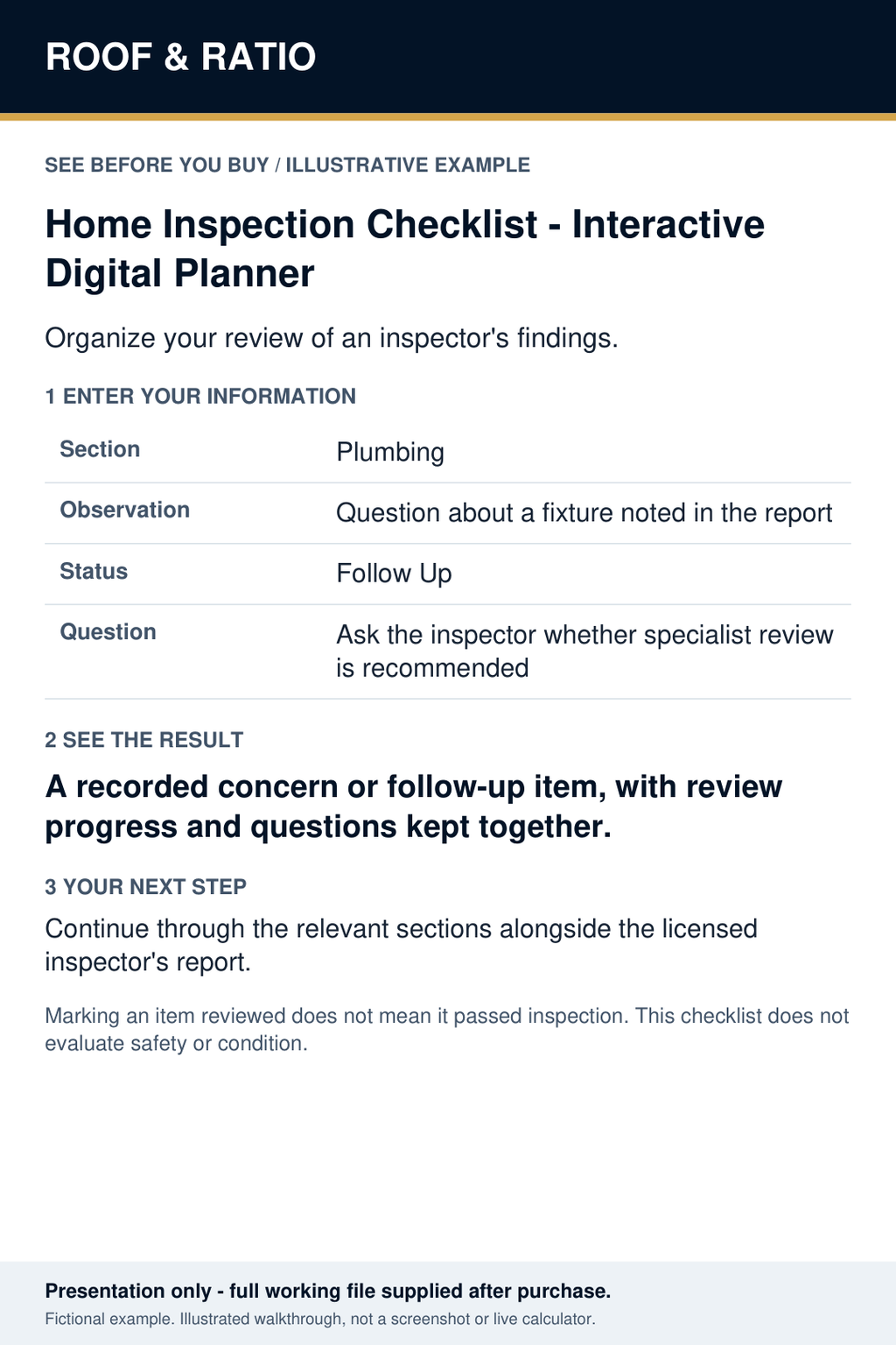 Illustrative example for Home Inspection Checklist — Interactive Digital Planner; fictional inputs and results.