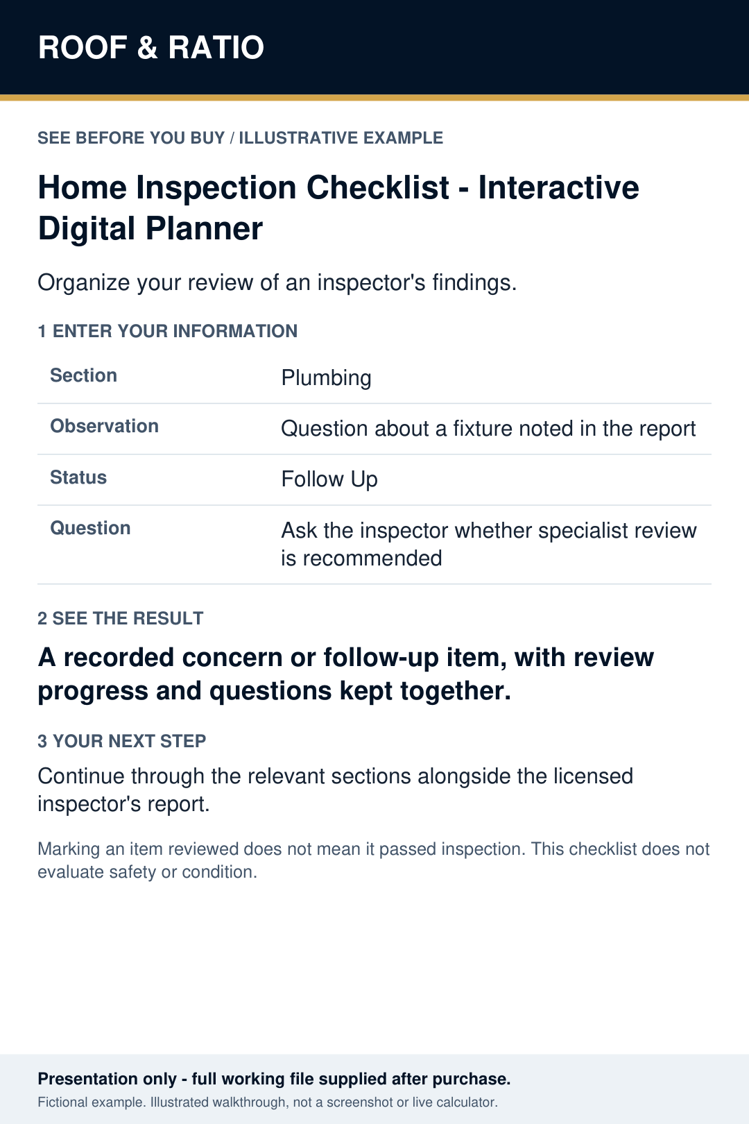 Illustrative example for Home Inspection Checklist — Interactive Digital Planner; fictional inputs and results.