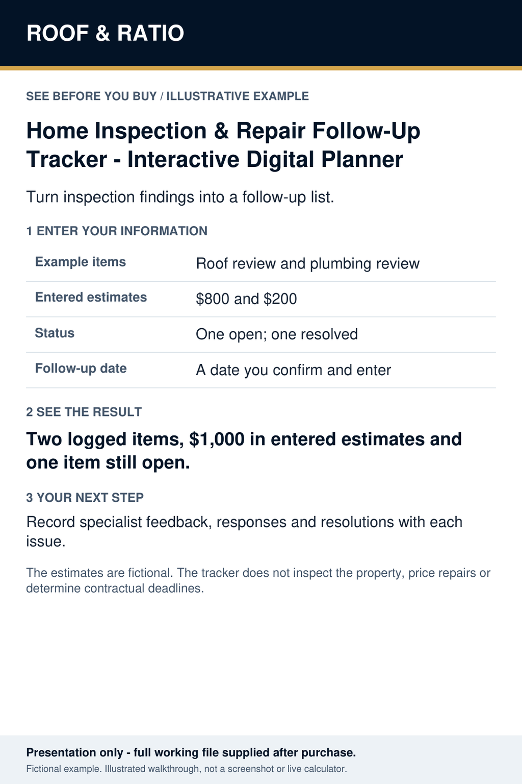 Illustrative example for Home Inspection & Repair Follow-Up Tracker — Interactive Digital Planner; fictional inputs and results.
