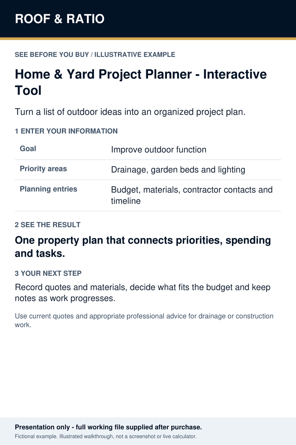Illustrative example for Home & Yard Project Planner — Interactive Tool; fictional inputs and results.