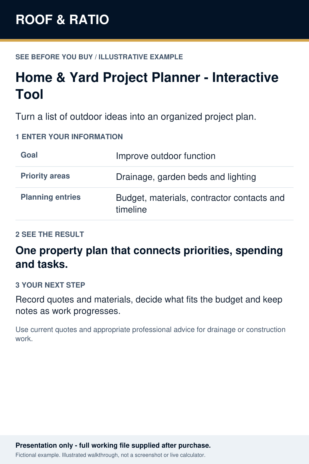 Illustrative example for Home & Yard Project Planner — Interactive Tool; fictional inputs and results.