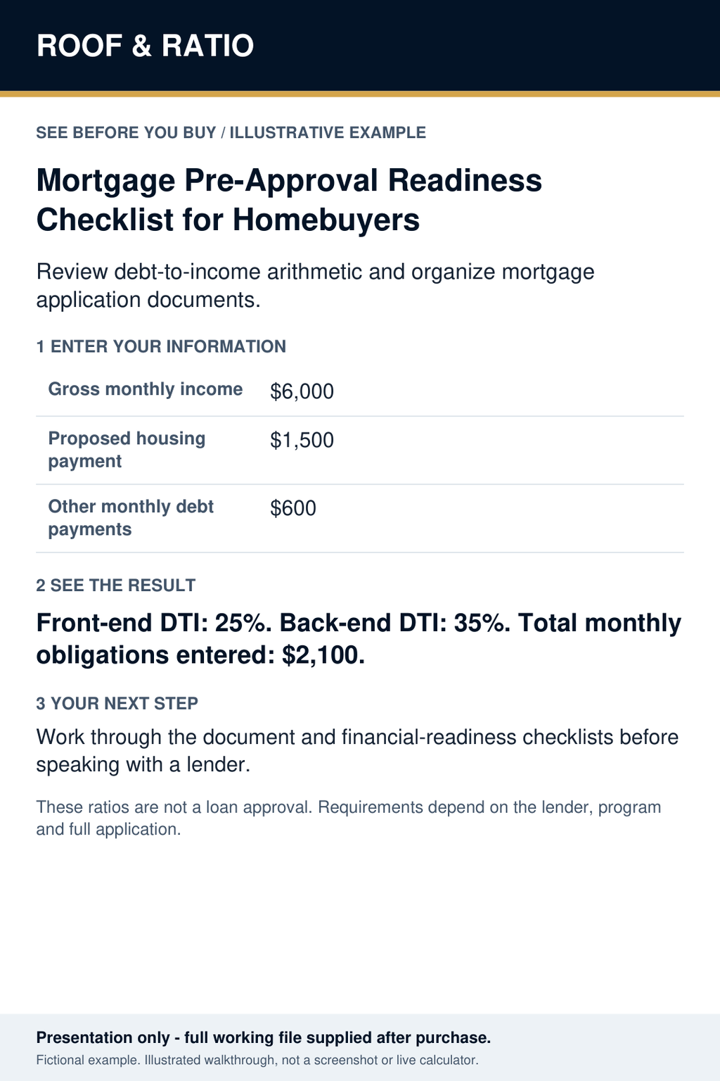 Illustrative example for Mortgage Pre-Approval Readiness Checklist for Homebuyers; fictional inputs and results.