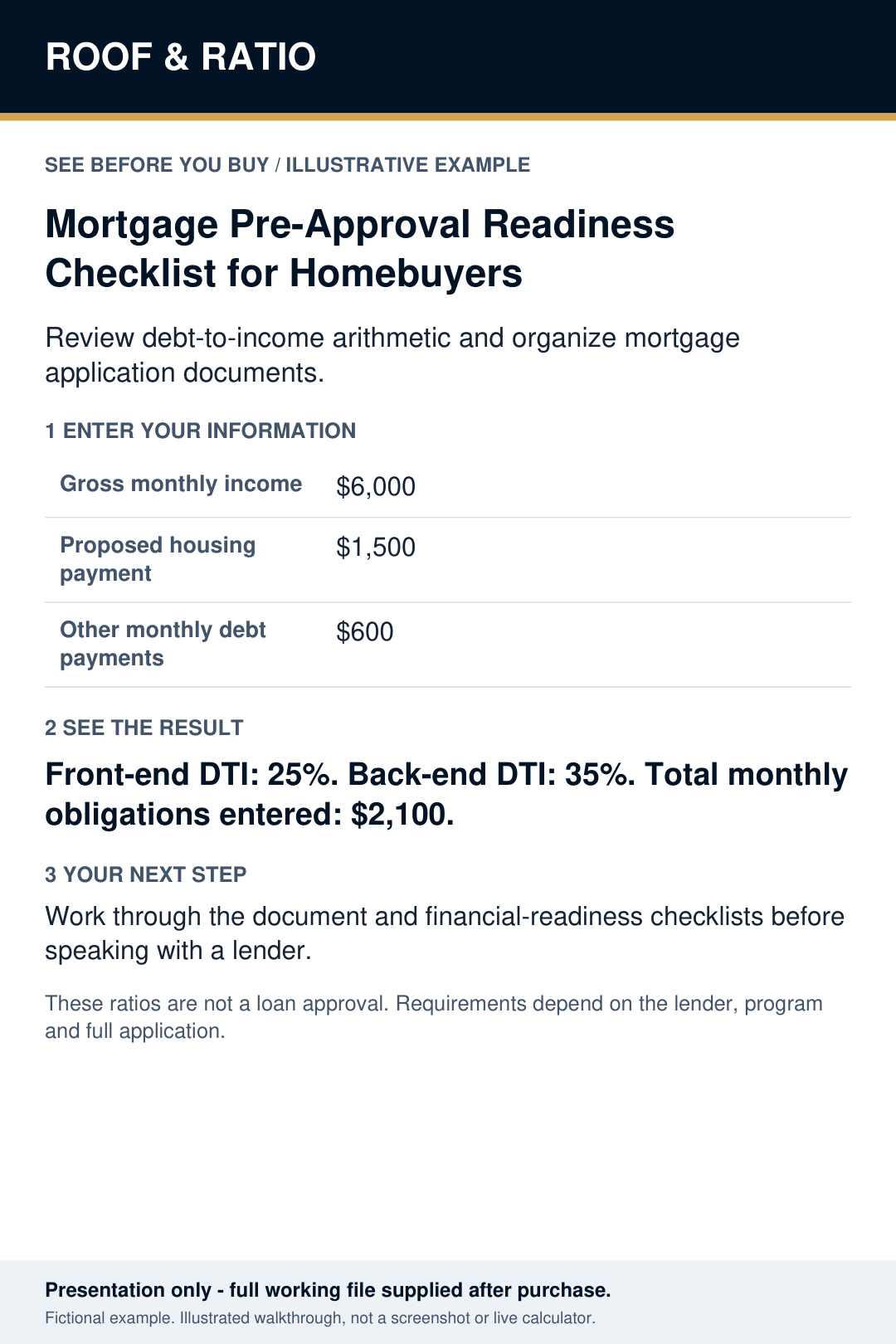 Illustrative example for Mortgage Pre-Approval Readiness Checklist for Homebuyers; fictional inputs and results.