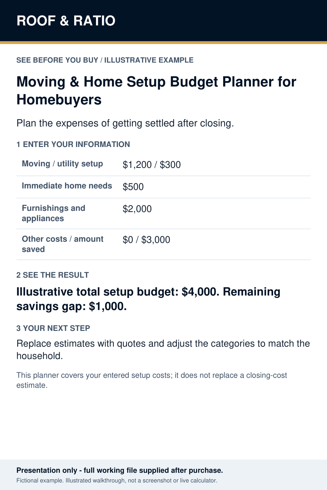 Illustrative example for Moving & Home Setup Budget Planner for Homebuyers; fictional inputs and results.
