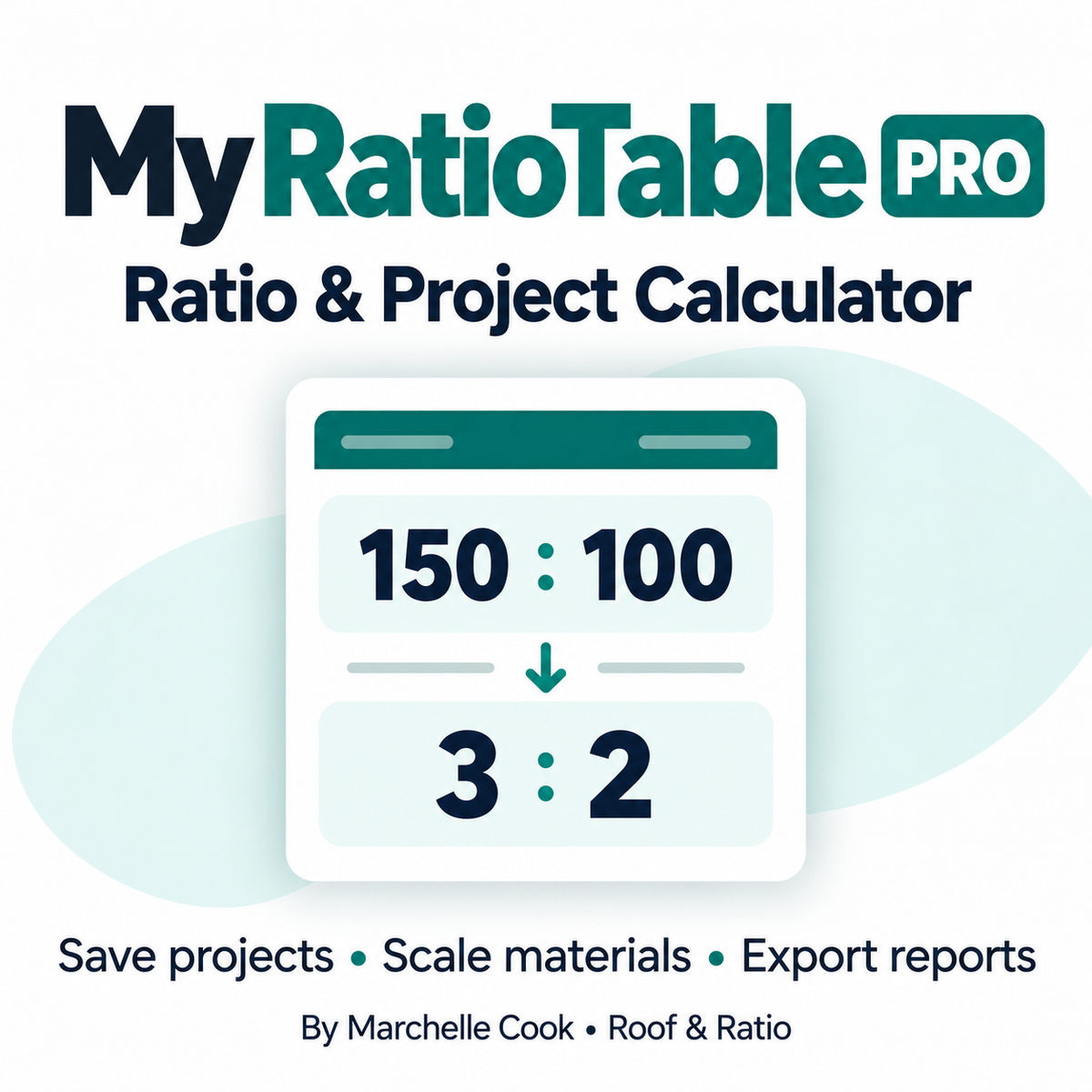 MyRatioTable Pro — Ratio & Project Calculator. Save projects, scale materials and export reports. By Marchelle Cook, Roof & Ratio.