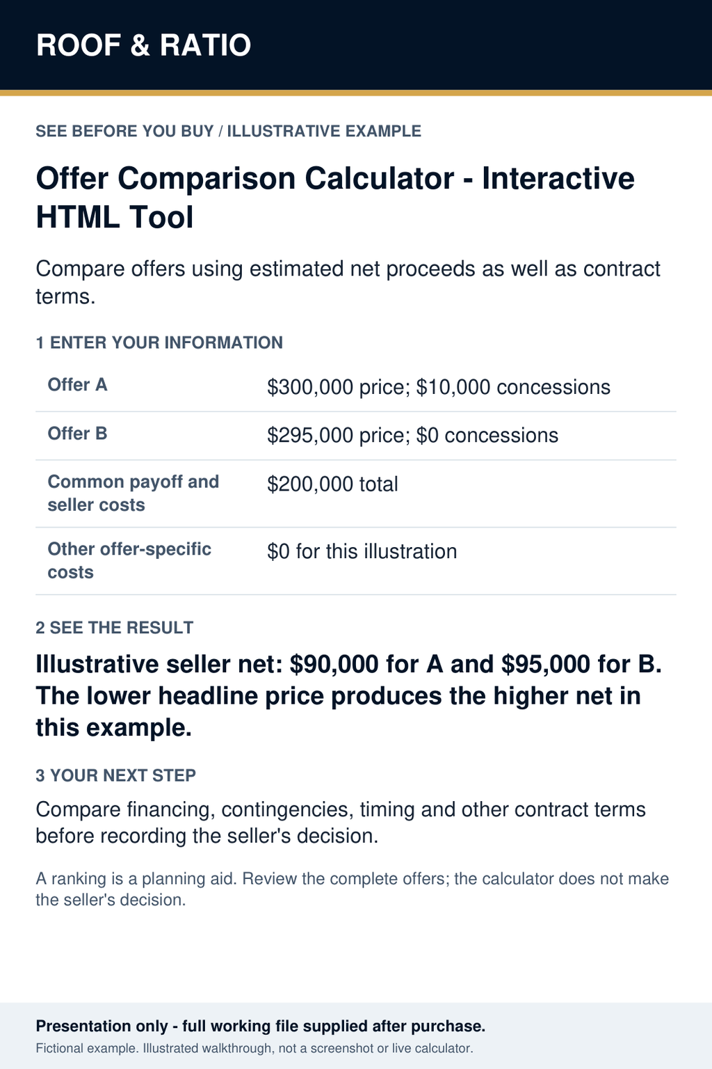 Illustrative example for Offer Comparison Calculator — Interactive HTML Tool; fictional inputs and results.