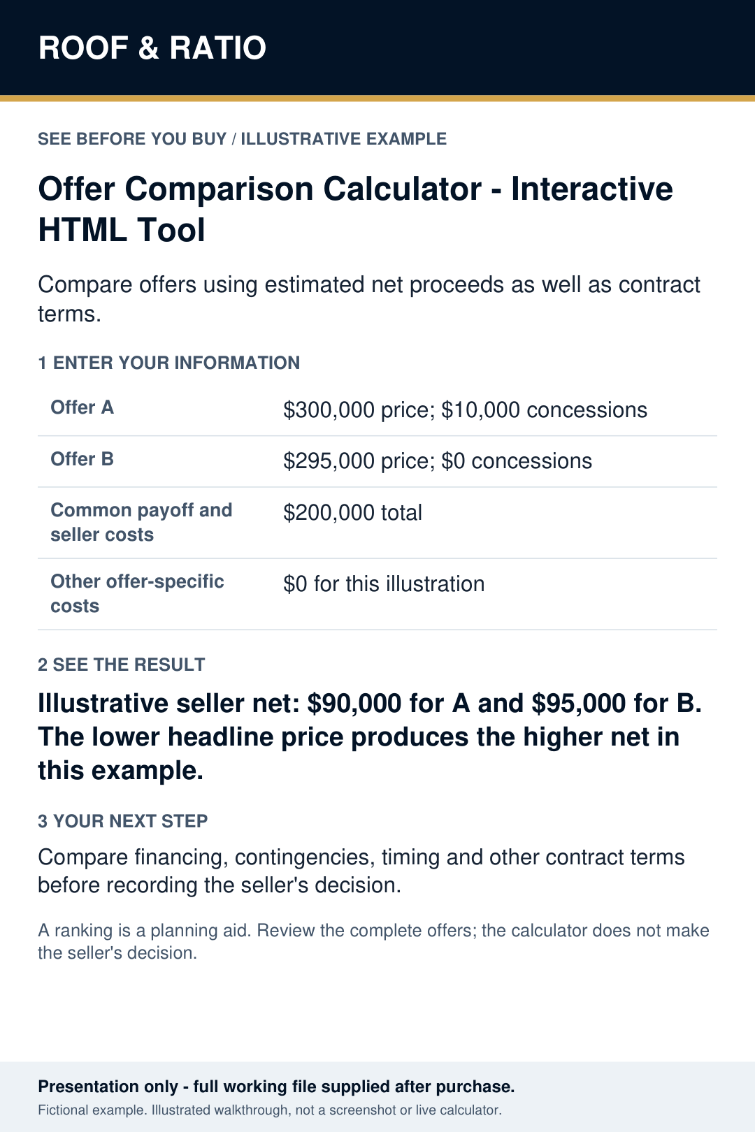 Illustrative example for Offer Comparison Calculator — Interactive HTML Tool; fictional inputs and results.
