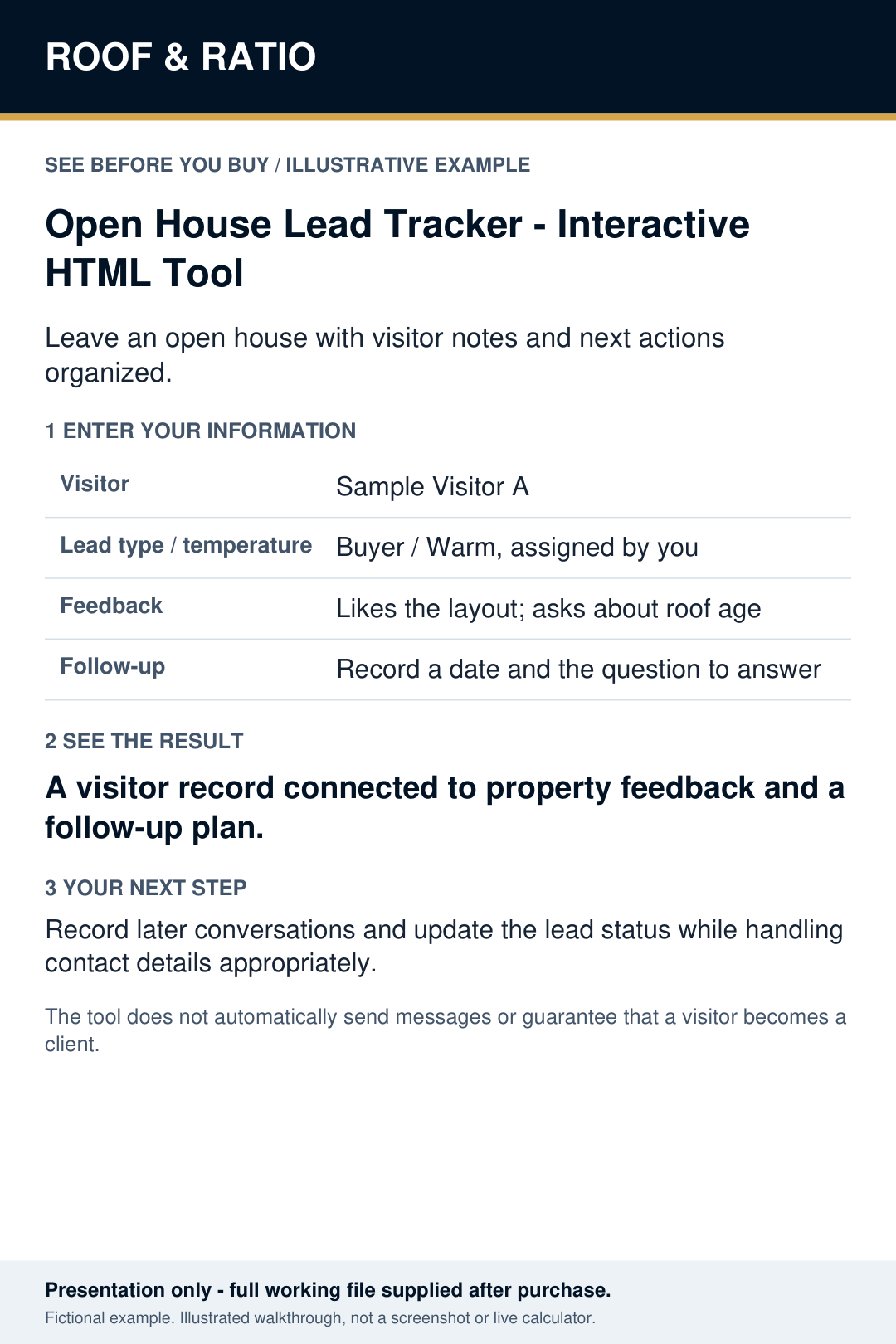 Illustrative example for Open House Lead Tracker — Interactive HTML Tool; fictional inputs and results.