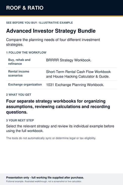 Illustrative Advanced Investor Strategy Bundle overview of BRRRR, Short-Term Rental, House Hacking and 1031 Exchange workbooks.